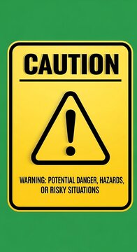 A yellow caution sign with a black exclamation point symbol inside a triangle. Below it is warning text. The sign is on a green background