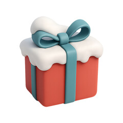 A cheerful red gift box with a blue ribbon and snowy edges on transparent background