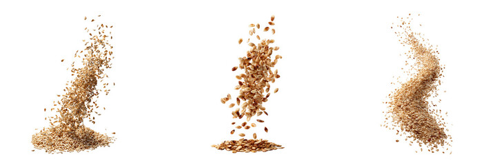 Three streams of sesame seeds falling isolated on a transparent background