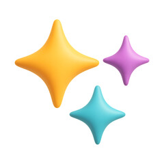 Three vibrant glossy star shaped sparkles with soft shadows on transparent background