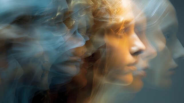 multiple translucent faces overlapping with fluid motion blur, symbolizing shifting emotions and states of mind, 