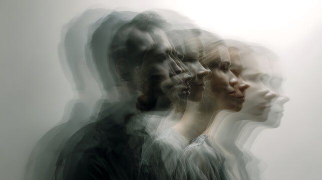 multiple translucent faces overlapping with fluid motion blur, symbolizing shifting emotions and states of mind, 