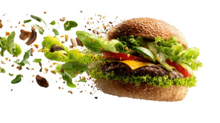 Hamburger with lettuce, tomato, cheese, patty, and mushrooms flying out, demonstrating movement and deliciousness on transparent background
