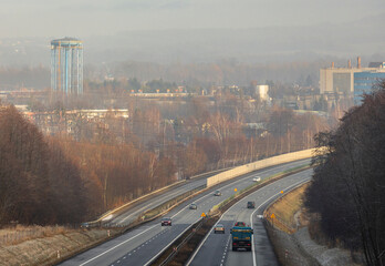 Droga ekspresowa S52, panorama Skoczowa. Śląsk cieszyński. 