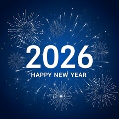 Happy New Year 2026 with Sparkling Fireworks on Blue Sky