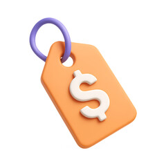 A vibrant 3d rendering of an orange tag with a dollar sign on transparent background