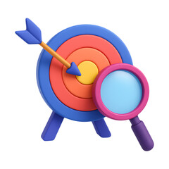 A colorful target with an arrow and magnifying glass perfect for design on transparent background
