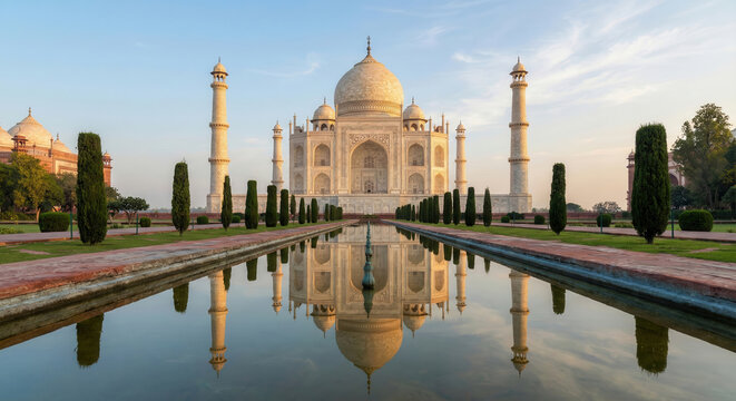 Majestic Taj Mahal reflected in serene water pool at sunset