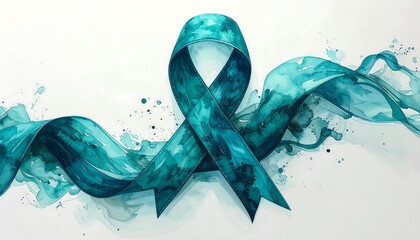 Teal ribbon watercolor art symbolizing awareness and hope