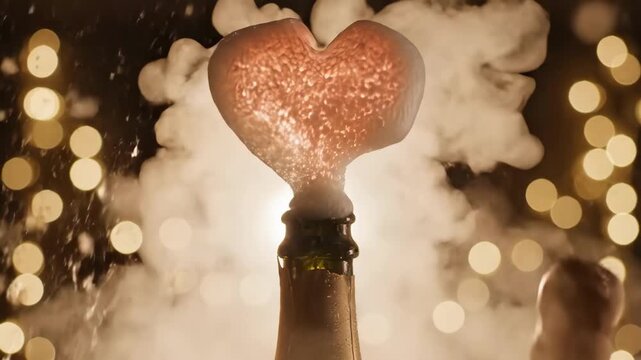 Magical 4K Slow Motion Champagne Explosion Forming a Conceptual Heart Shape against Luxury Bokeh Lights