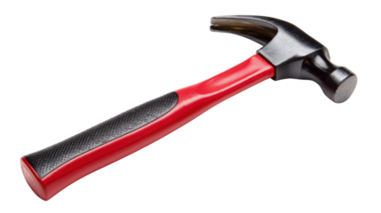 Claw hammer featuring a bold red handle and textured black grip. Ready for various building, woodworking, and maintenance tasks