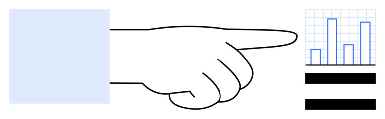 Outstretched hand pointing towards a bar chart with grid lines, with black horizontal stripes below. Ideal for data analysis, decision-making, guidance, direction, instruction, workflow process. A