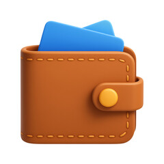 A detailed illustration of a brown leather wallet with blue cards on transparent background