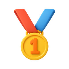 A vibrant 3d rendered first place gold medal with red and blue ribbons on transparent