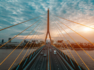 Obraz premium symmetric modern cable-stayed Rama VIII bridge over Chao Phraya river in Bangkok, symmetry perspective of contemporary suspension urban span connecting city skyline across Thai waterway