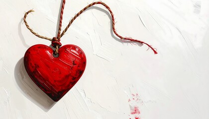 Rustic red heart ornament with a frayed twine hanging on a white textured painted wall.
