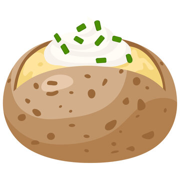 Jacket Potato with Sour Cream and scallion. Baked Potato Cartoon Vector Illustration