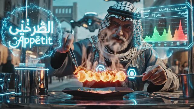 Futuristic Street Food Vendor Prepares Delicious Skewers in a Cyberpunk City.