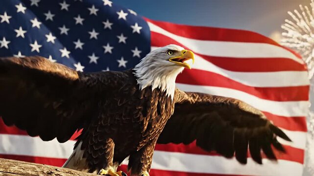 Eagle perched on a branch, with US flag behind