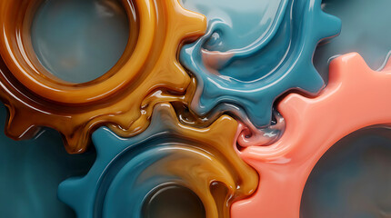 Interlocking Gears with Molten Paint Texture Orange Blue Pink image photo