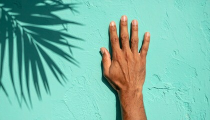 Hand reaching out against textured turquoise wall with palm leaf shadow