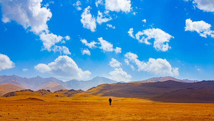 Panorama with a hiker in a colorful rocky mountain range in the Son Kul lake area of Kyrgyzstan