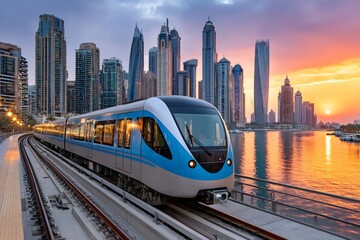 Dubai metro train moving through marina at sunset