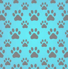 Fototapeta premium Seamless paw print pattern on blue gradient background 