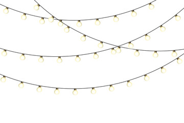 Glowing festive garland lights on transparent background. Yellow warm decoction PNG bulbs