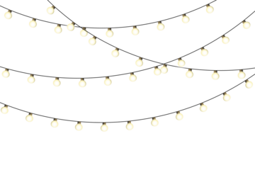 Glowing festive garland lights on transparent background. Yellow warm decoction PNG bulbs