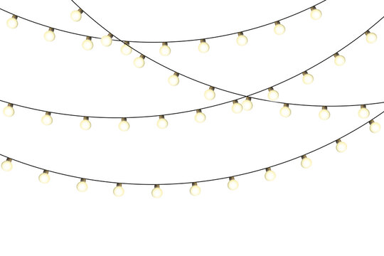 Glowing festive garland lights on transparent background. Yellow warm decoction PNG bulbs