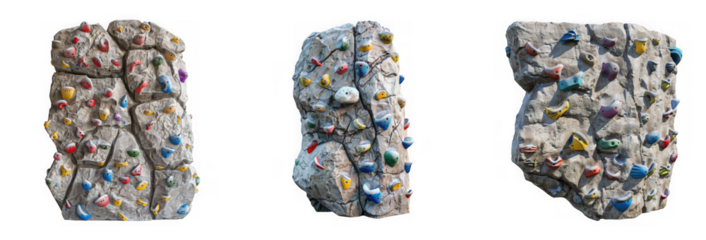 Three realistic climbing holds in various shapes and colors ideal for game development on transparent background