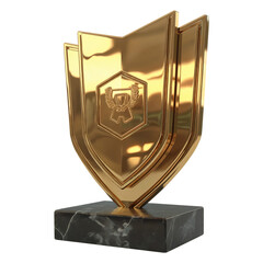 futuristic golden shield trophy with geometric design on marble base