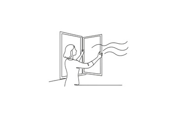 Woman opening window to let fresh air in, minimalist line art illustration
