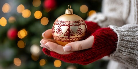 Hands holding golden christmas ornament with festive trees