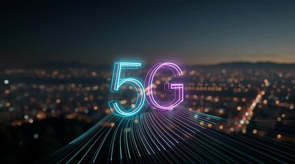 5G Network over City at Night: A futuristic scene of the 5G logo illuminated, radiating advanced connectivity over a bustling cityscape, showcasing the fast digital transformation and global tech. - Powered by Adobe