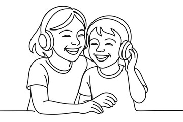 Two happy children wearing headphones and listening to music together