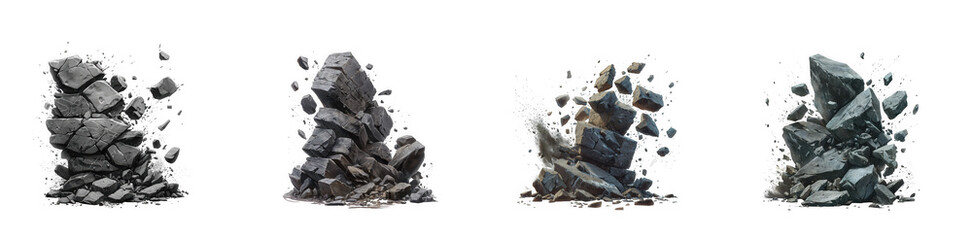 A collection of stylized rocky debris and shattered stone fragments ideal for game assets on transparent background