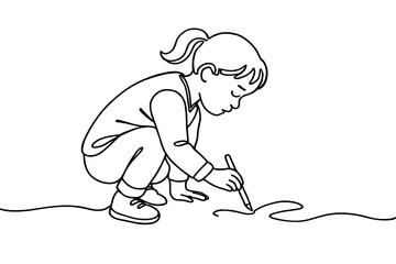 Child drawing with a pencil on a white background, simple line art style