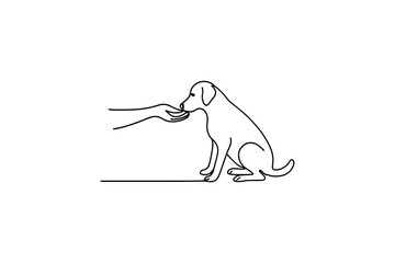 Minimalist line art of a hand feeding a dog a treat, symbolizing trust and care