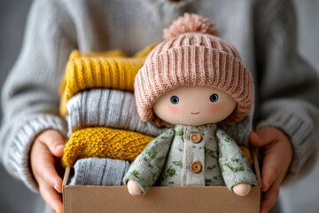 Child holding donation box with doll and warm clothing