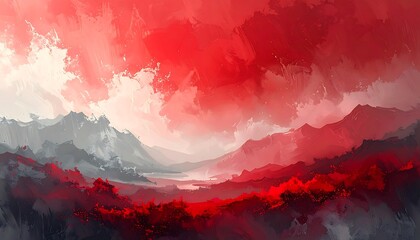 Abstract Red Mountain Landscape Painting with Cloudy Sky and River Valley