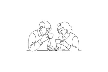 Elderly couple enjoying coffee together in a minimalist line art style