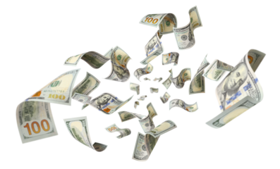 Flying hundred dollar banknotes, isolated on transparent cutout background