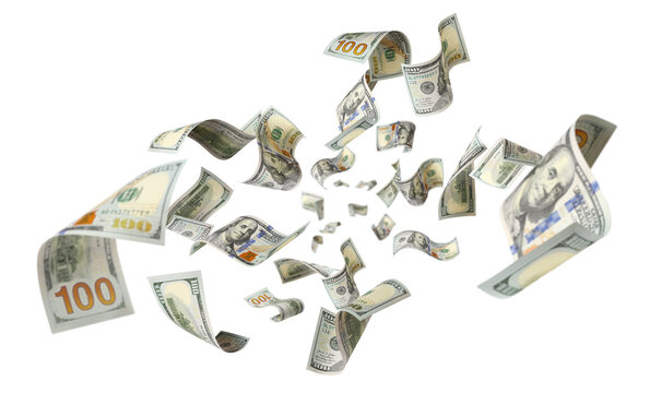 Flying hundred dollar banknotes, isolated on transparent cutout background