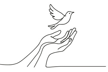 Minimalist line art of hands releasing a bird into the sky for freedom and hope
