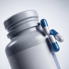 realistic close up 3d healthcare product with pill bottle and capsules