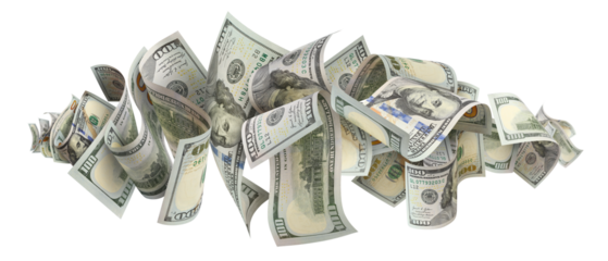 Flying hundred dollar banknotes, isolated on transparent cutout background