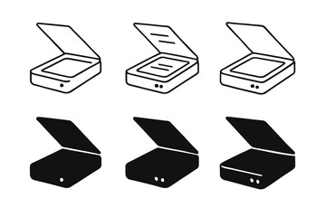 Set of flat design scanner icons, both outline and solid silhouette styles