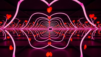 An intricate symmetrical hallway of repeating pink and red heart shapes creating a mesmerizing visual
